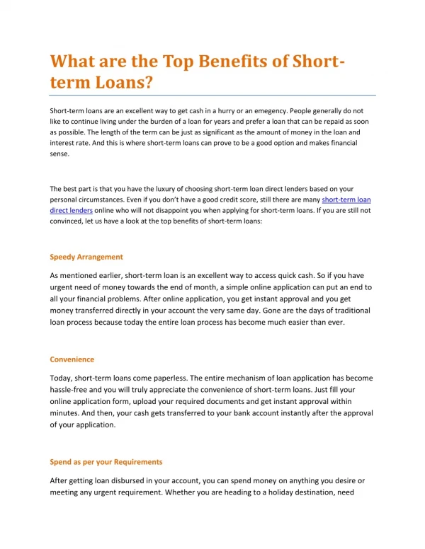 What are the Top Benefits of Short-term Loans