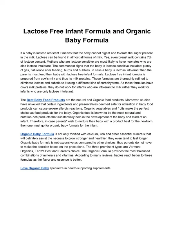 Lactose Free Infant Formula and Organic Baby Formula