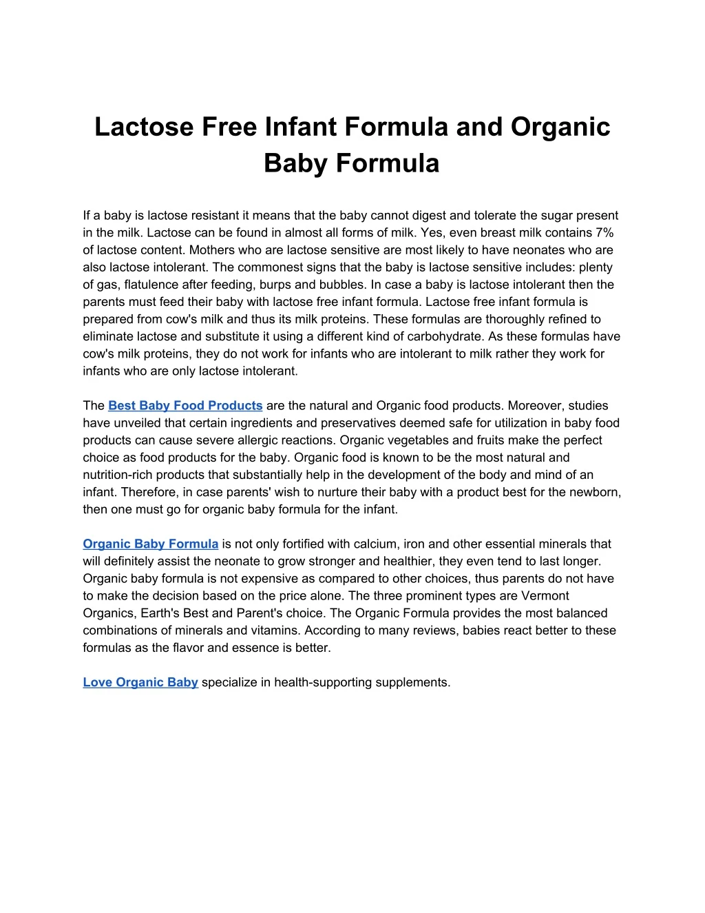 lactose free infant formula and organic baby