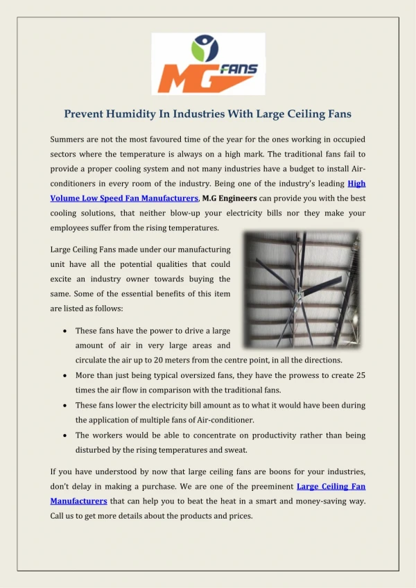 Prevent Humidity In Industries With Large Ceiling Fans