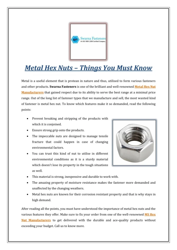 Metal Hex Nuts – Things You Must Know