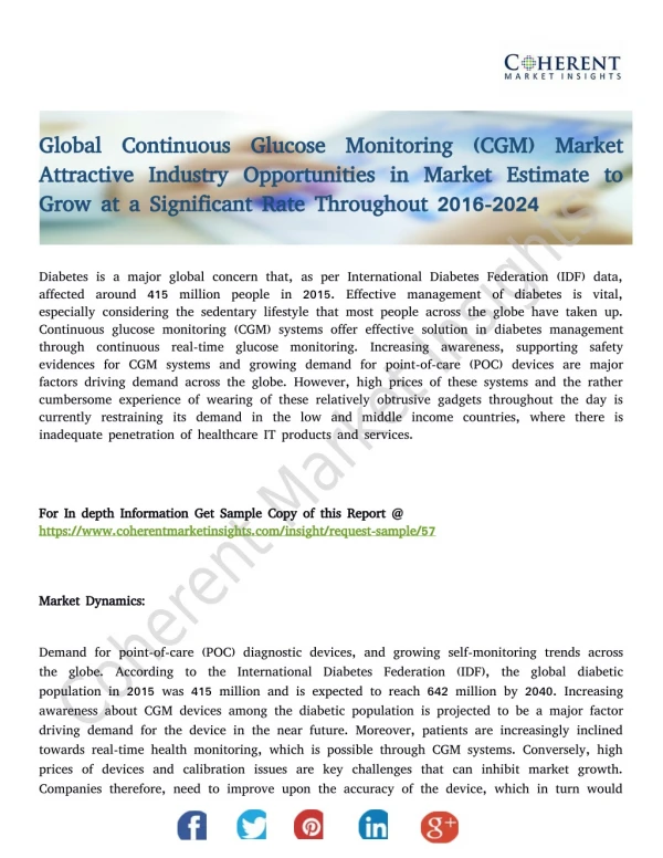 Global Continuous Glucose Monitoring (CGM) Market, By Product Type, By Application - Trends and Forecast to 2024