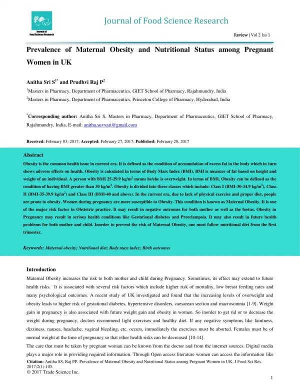 Prevalence of Maternal Obesity and Nutritional Status among Pregnant Women in UK