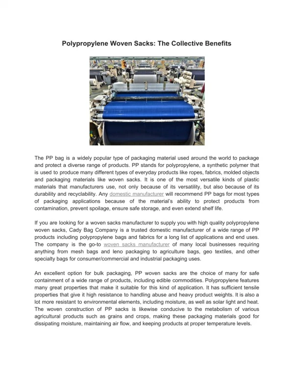 Leno Bags Manufacturer: Polypropylene Woven Sacks: The Collective Benefits