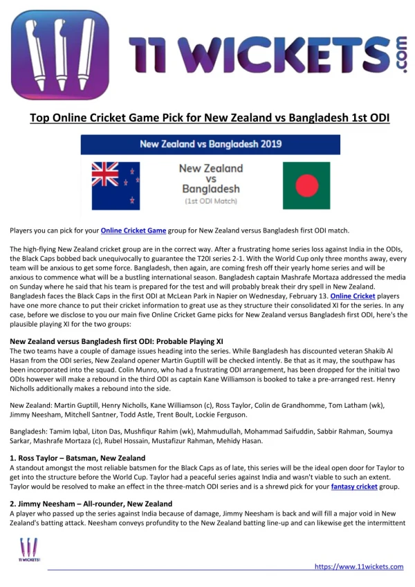 Top Online Cricket Game Pick for New Zealand vs Bangladesh 1st ODI