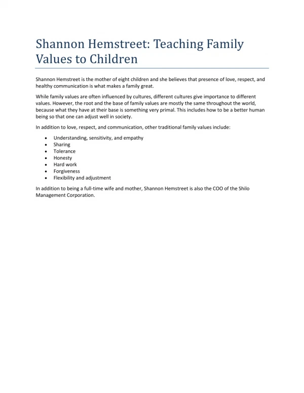 Shannon Hemstreet: Teaching Family Values to Children