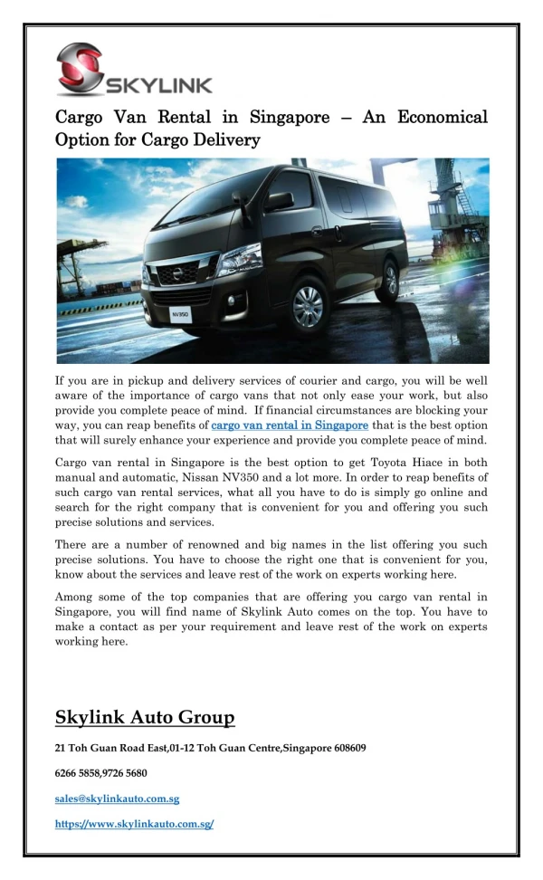 Cargo Van Rental in Singapore – An Economical Option for Cargo Delivery