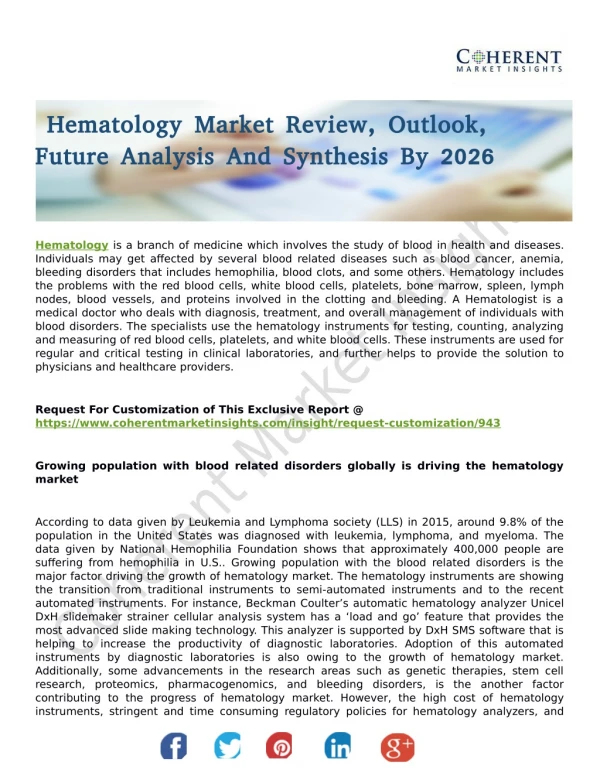 Assessing Major Growth Opportunities Of Hematology Market During 2018 To 2026