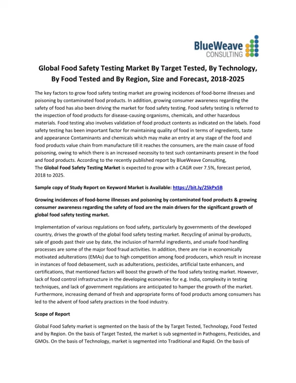 Global Food Safety Testing Market By Target Tested, By Technology, By Food Tested and By Region, Size and Forecast, 2018
