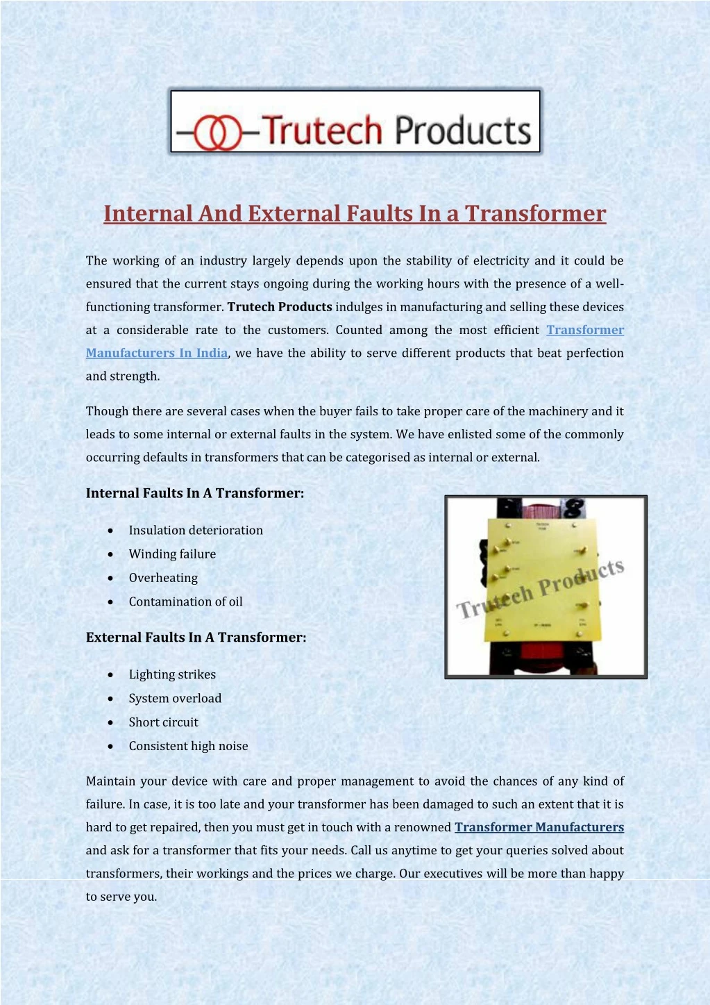 internal and external faults in a transformer