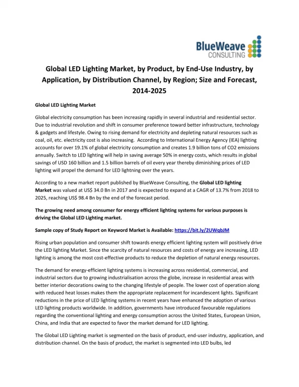 Global LED Lighting Market, by Product, by End-Use Industry, by Application, by Distribution Channel, by Region, Size an