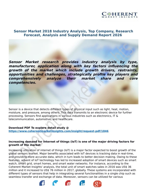 Sensor Market 2018 Industry Analysis, Top Company, Research Forecast, Analysis and Supply Demand Report 2026