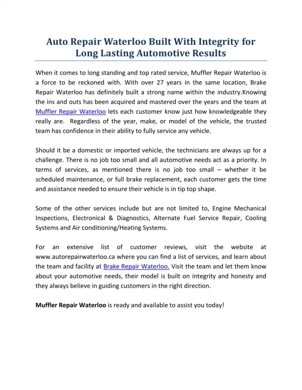Auto Repair Waterloo Built With Integrity for Long Lasting Automotive Results