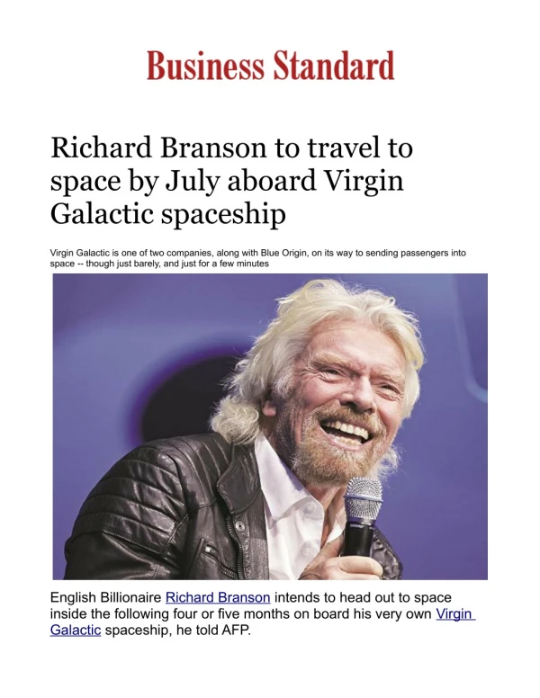 Richard Branson to travel to space by July aboard Virgin Galactic spaceship