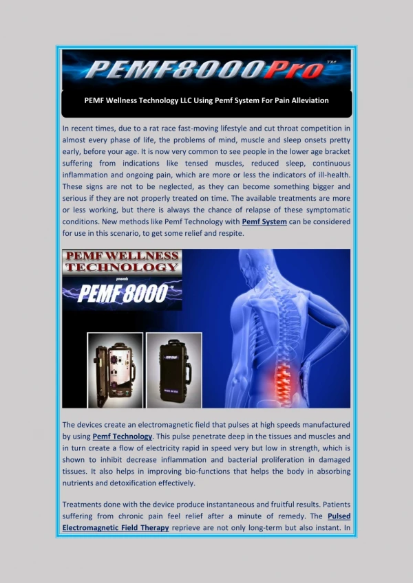 PEMF Wellness Technology LLC Using Pemf System For Pain Alleviation
