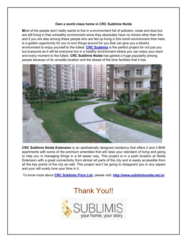 Upgrade your living standard with CRC Sublimis Noida