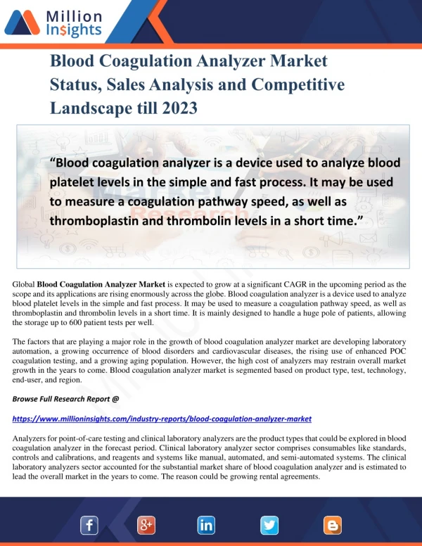 Blood Coagulation Analyzer Market Status, Sales Analysis and Competitive Landscape till 2023