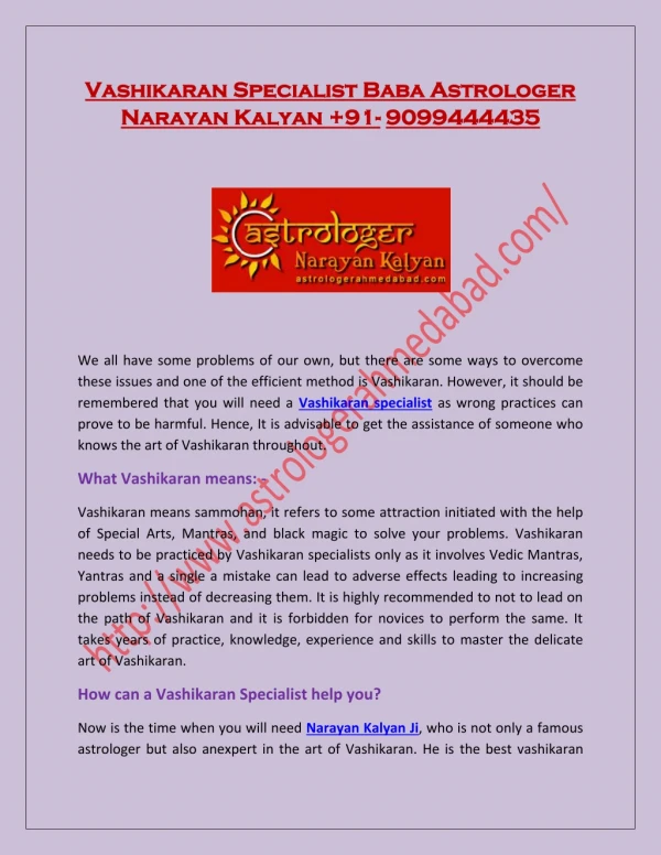 Vashikaran Specialist Baba Astrologer Narayan Kalyan 91- 9099444435