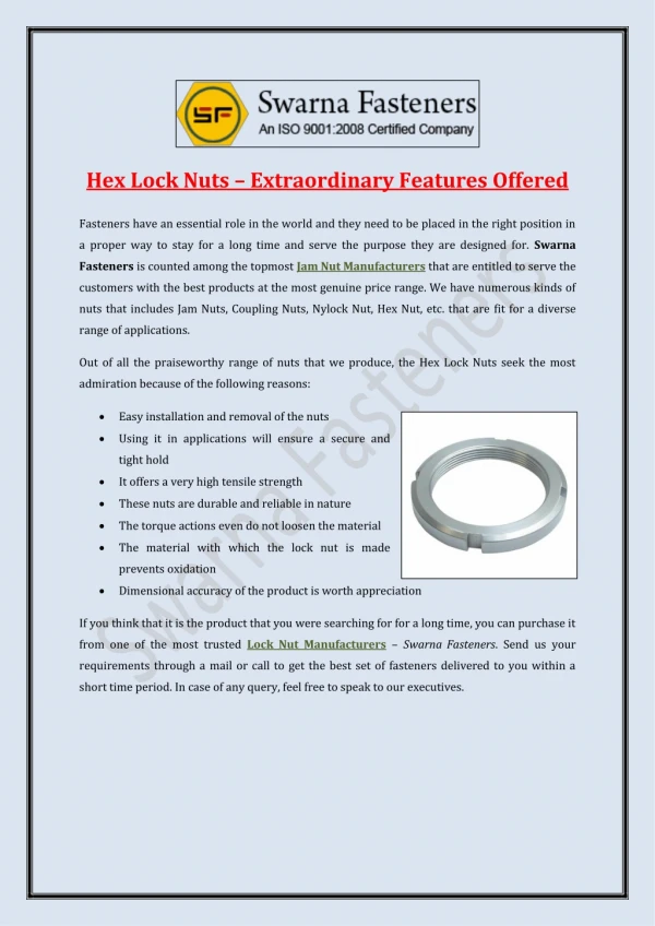 Hex Lock Nuts – Extraordinary Features Offered