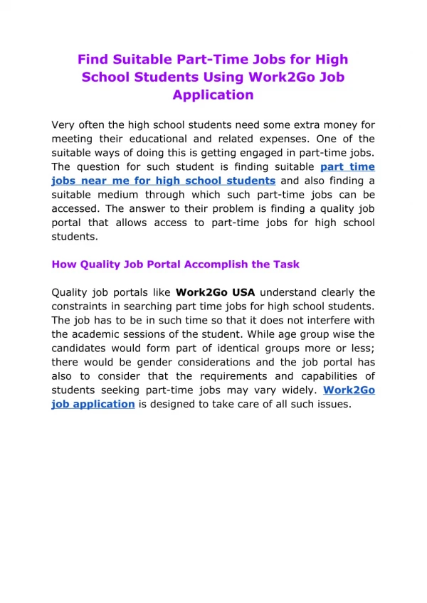 Find Suitable Part-Time Jobs for High School Students Using Work2Go Job Application
