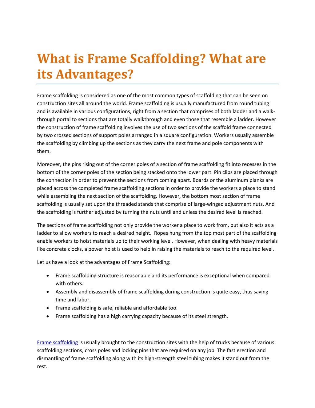 what is frame scaffolding what are its advantages