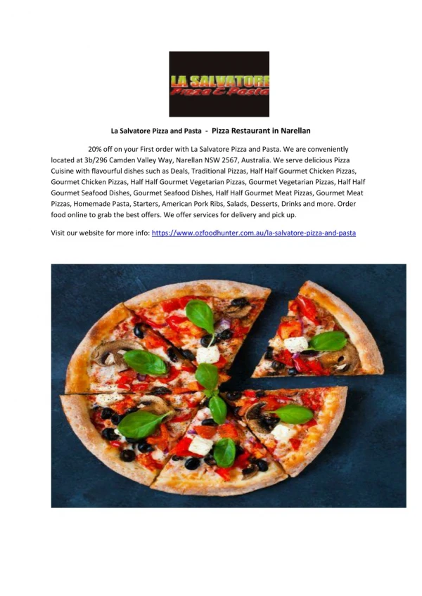 20% Off -La Salvatore Pizza and Pasta-Narellan - Order Food Online