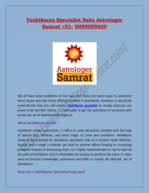 Vashikaran Specialist Baba Astrologer Samrat 91- 9099099609