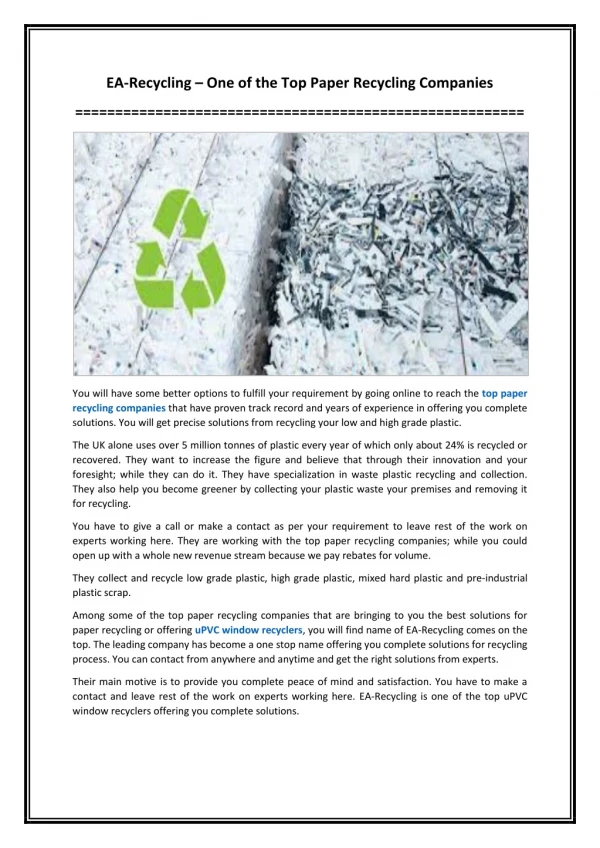 EA-Recycling – One of the Top Paper Recycling Companies