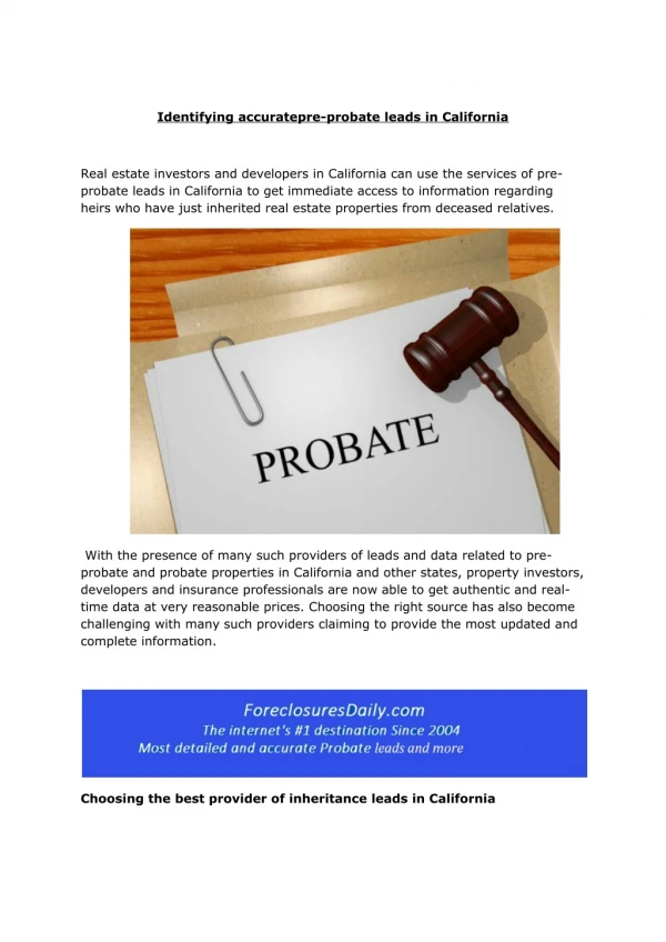 Identifying accuratepre-probate leads in California