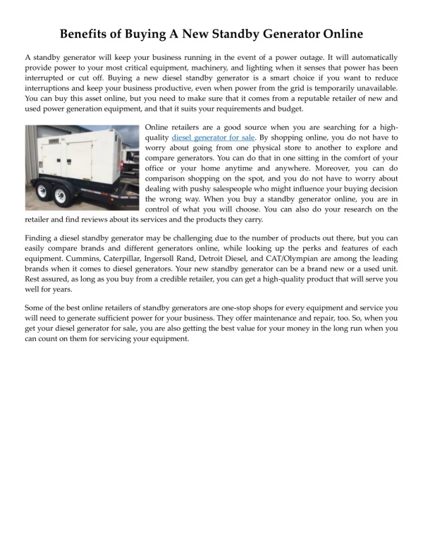 Benefits of Buying A New Standby Generator Online