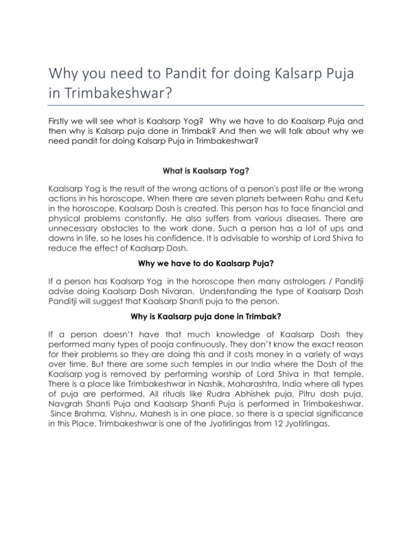 Why you need to Pandit for doing Kalsarp Puja in Trimbakeshwar?