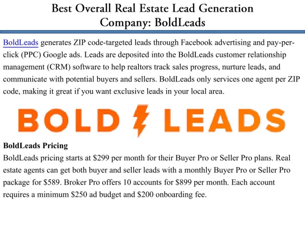 Best Overall Real Estate Lead Generation Company: BoldLeads