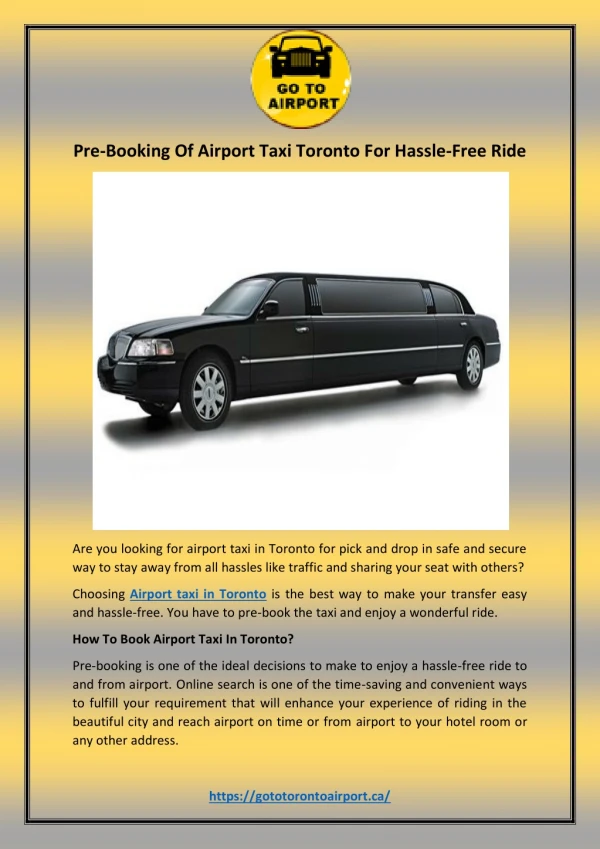 Pre-Booking Of Airport Taxi Toronto For Hassle-Free Ride