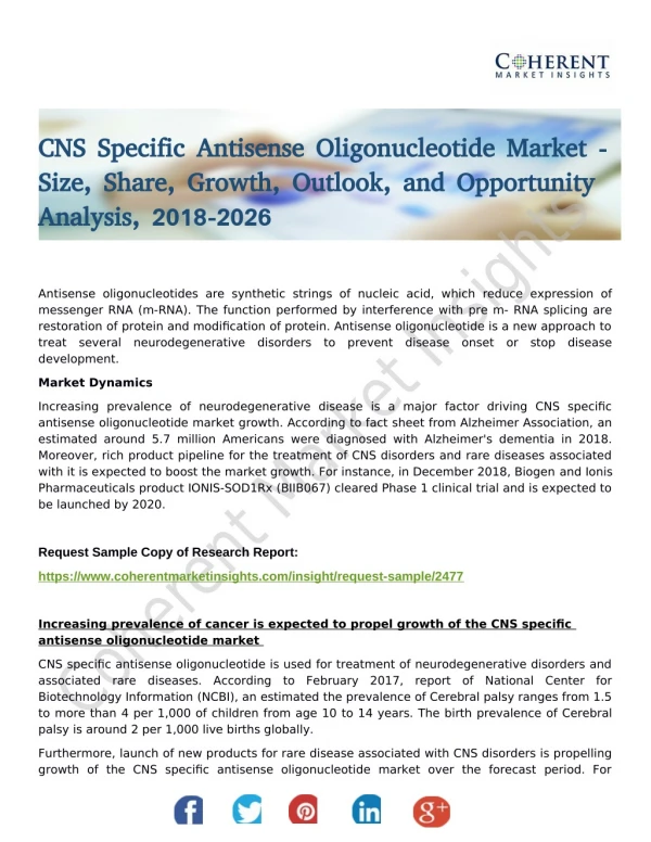 CNS Specific Antisense Oligonucleotide Market - Size, Share, Outlook, and Opportunity Analysis, 2018 – 2026
