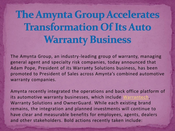 The Amynta Group Accelerates Transformation Of Its Auto Warranty Business