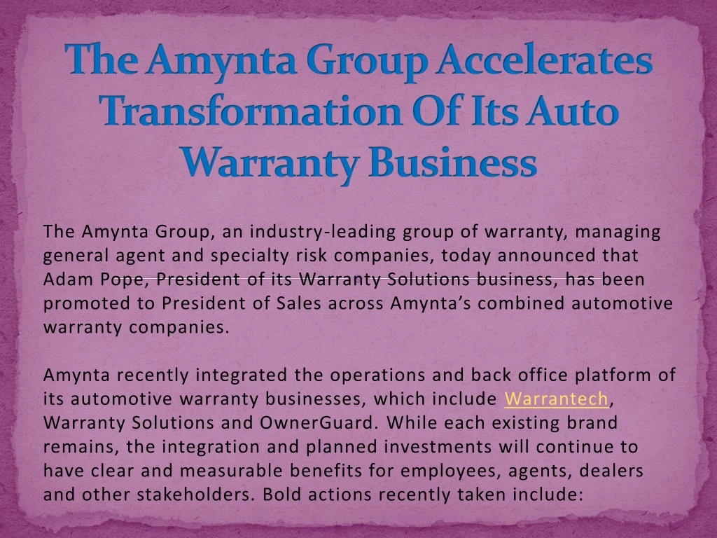 the amynta group accelerates transformation of its auto warranty business