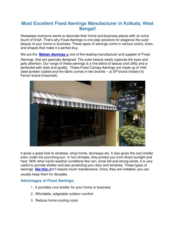 Most Excellent Fixed Awnings Manufacturer in Kolkata, West Bengal!