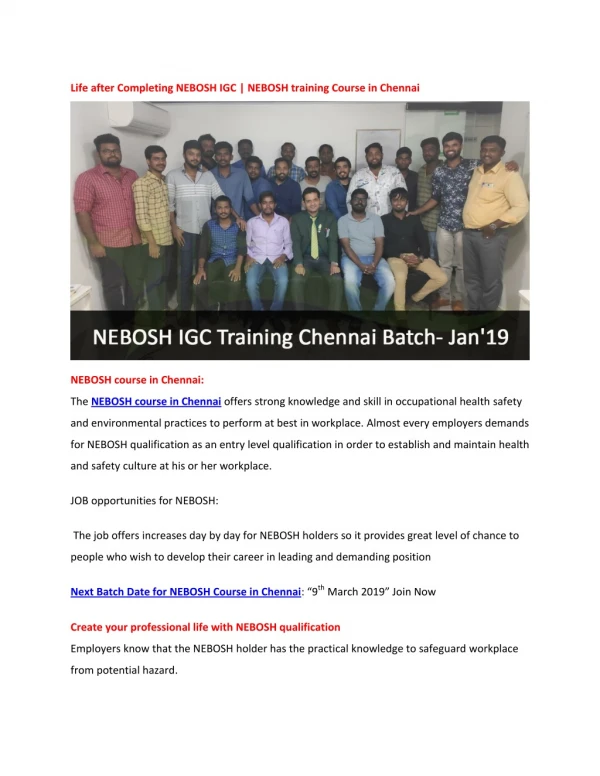 Life after Completing NEBOSH IGC | NEBOSH training Course in Chennai