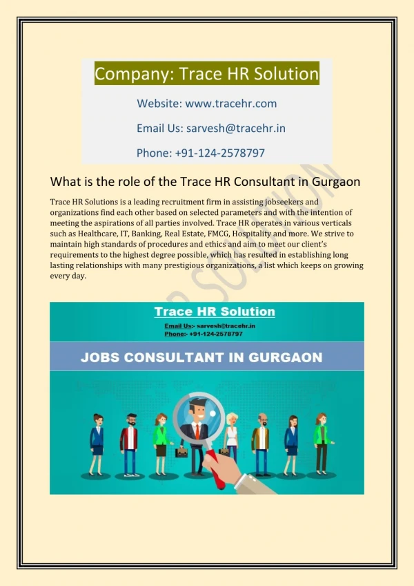 What is the role of the Trace HR Consultant in Gurgaon