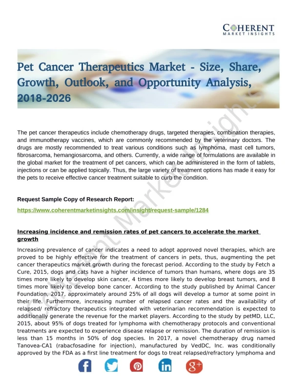 Pet Cancer Therapeutics Market, by Therapy Type, Pet Type, Mode of Administration, Application, and Region - Global Tren