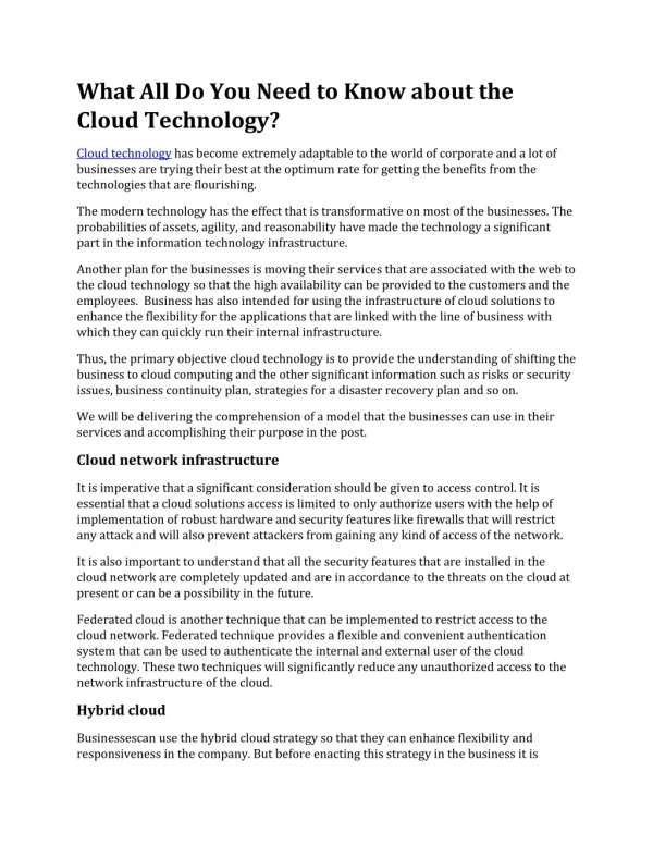 What All Do You Need to Know about the Cloud Technology?