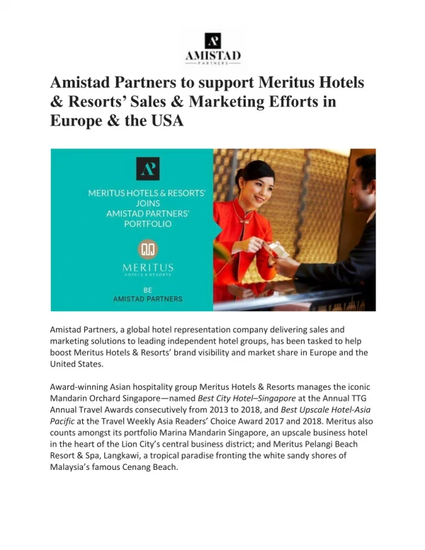 Amistad Partners to support Meritus Hotels & Resorts’ Sales & Marketing Efforts in Europe & the USA