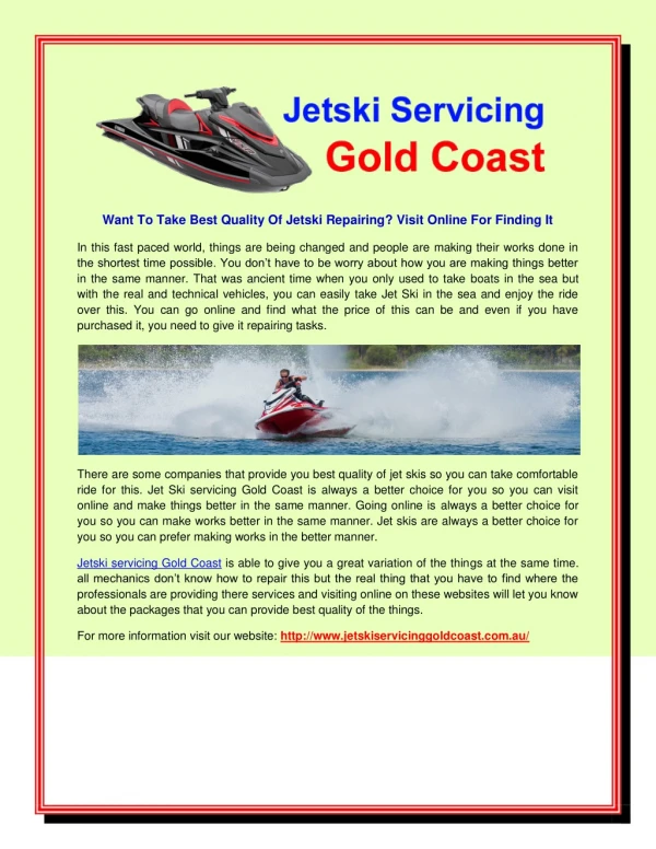 Want To Take Best Quality Of Jetski Repairing? Visit Online For Finding It