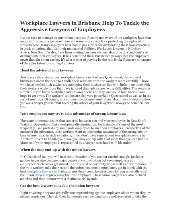 Workplace Lawyers in Brisbane Help To Tackle the Aggressive Lawyers of Employees