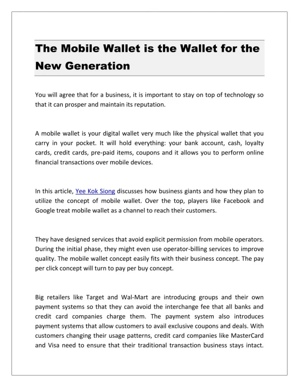 The Mobile Wallet is the Wallet for the New Generation
