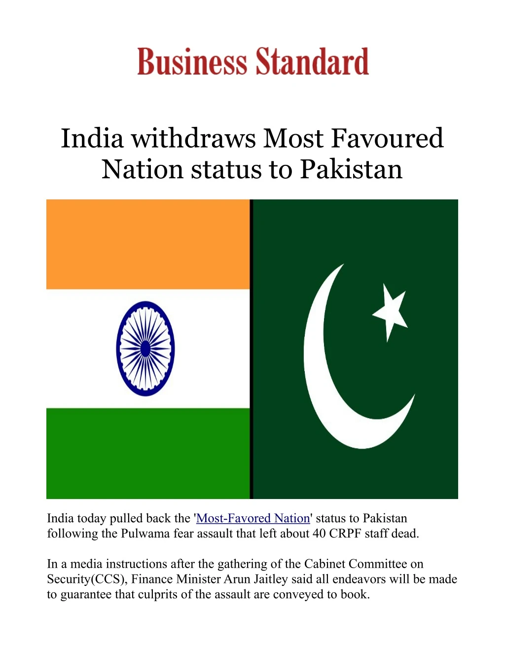 india withdraws most favoured nation status