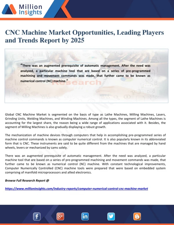 CNC Machine Market Opportunities, Leading Players and Trends Report by 2025