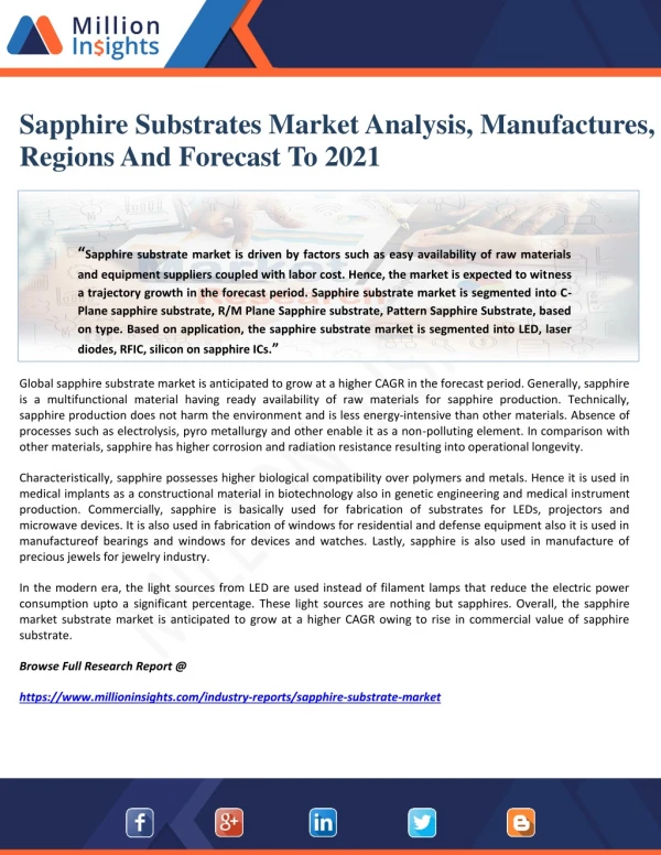 Sapphire Substrates Market Analysis, Manufactures, Regions And Forecast To 2021