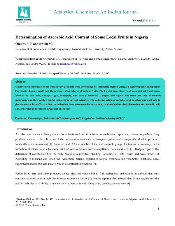 Determination of Ascorbic Acid Content of Some Local Fruits in Nigeria