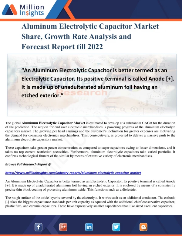 Aluminum Electrolytic Capacitor Market Share, Growth Rate Analysis and Forecast Report till 2022